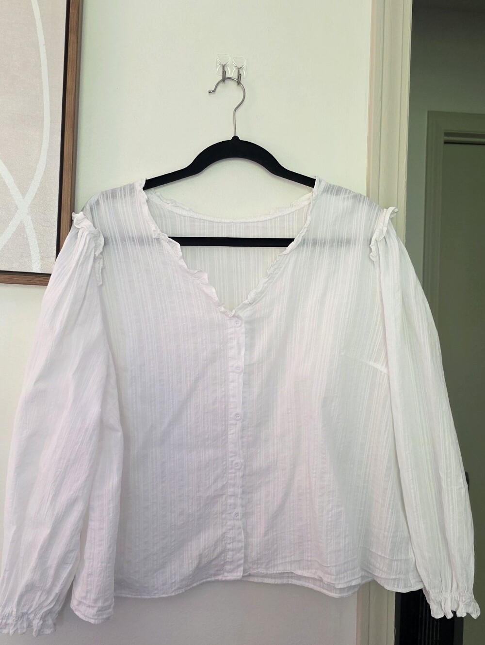 White Button-Down Textured V-Neck Blouse